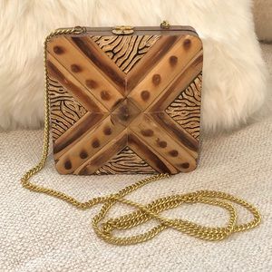 VINTAGE boho wood square long crossbody purse bag